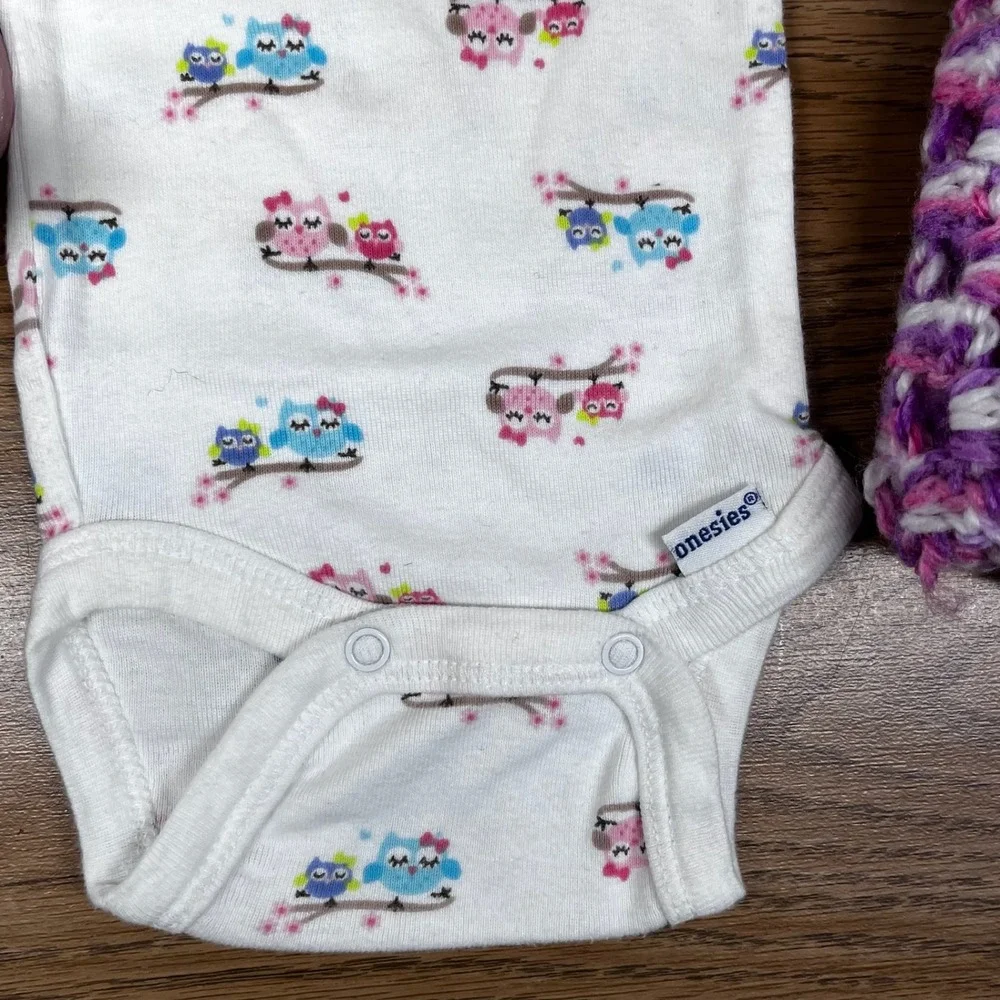 Gerber Baby Girl Owl Onesie 0-3M Crochet Blanket Pink Travel Pouch Gift Set‎